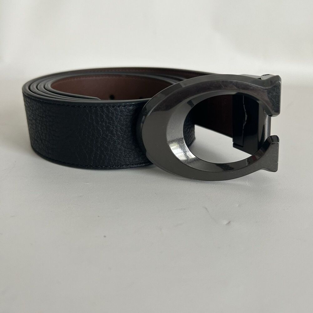 Coach Signature C Buckle Reversible Belt Black Brown Pebbled Leather Mens Size 4
